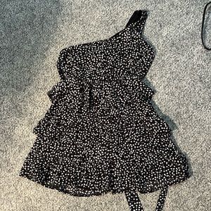 Black ruffle dress with pink and white flowers